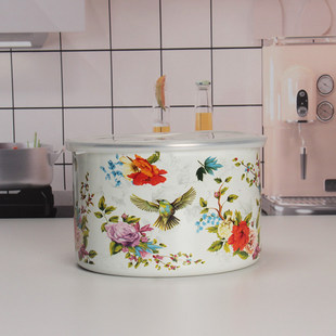 加厚搪瓷保鲜碗带盖老式搪瓷碗泡面碗大容量铁搪瓷碗家用厨房花鸟