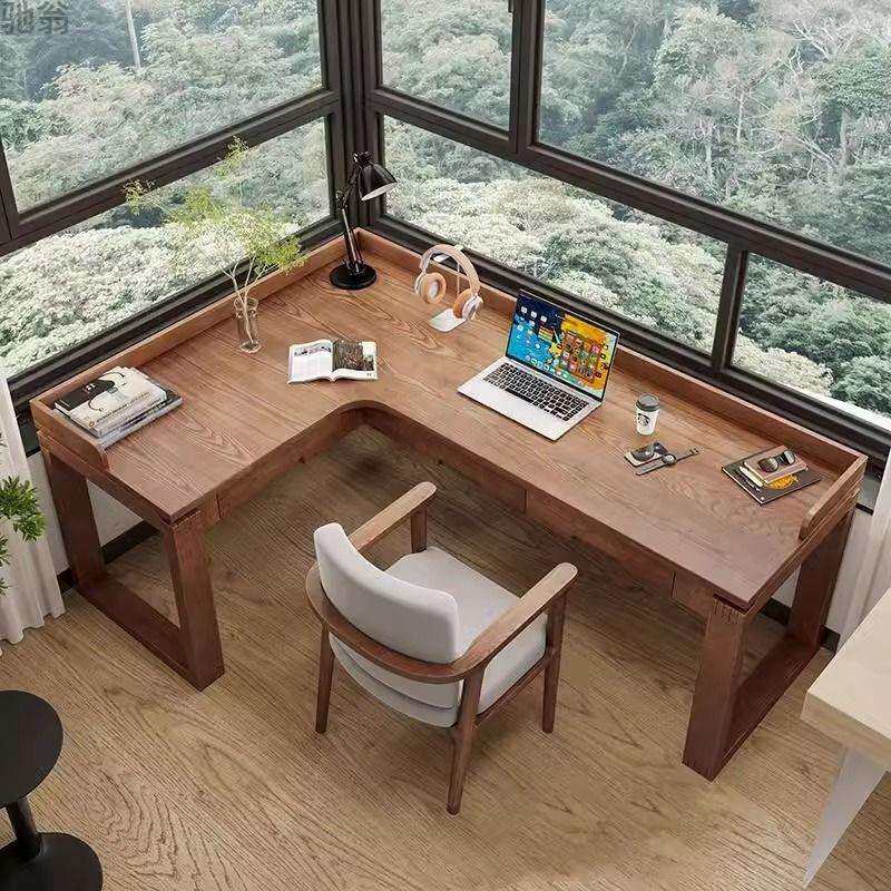 家用书桌转角现代拐角办公桌椅卧室型型L学习桌L实木工作台带抽屉