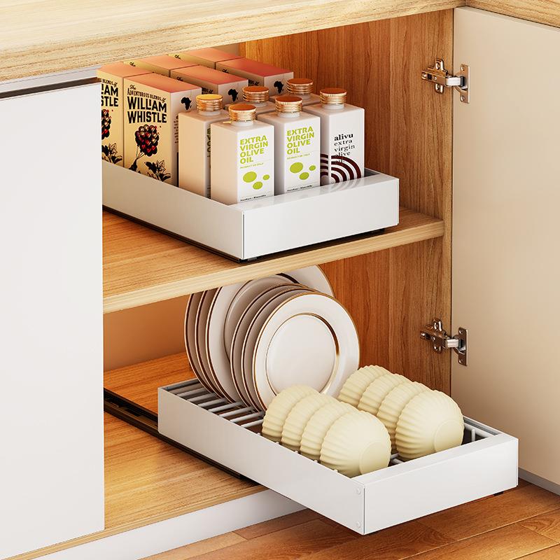 厨房碗碟收纳架橱柜内置放碗盘分隔拉篮免安装抽拉碗架沥水置物架