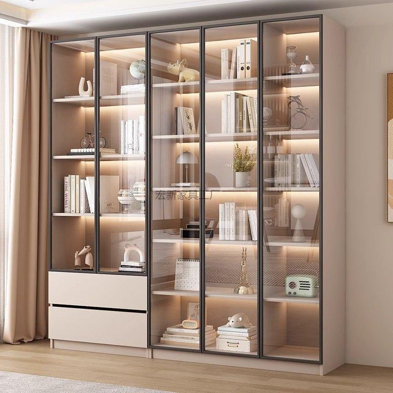 Hx1【奶油灰雅致】书柜一体整墙到顶组合玻璃门落地靠墙酒柜简约