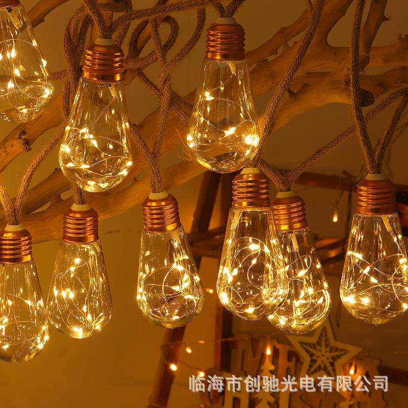户外防水露营灯串圣诞节装饰太阳能麻绳灯铜丝灯串庭院铜线灯球泡