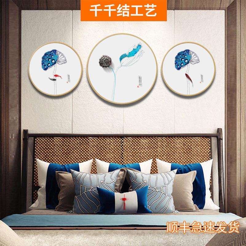 新中式圆形荷花装饰画客厅沙发背景壁画玄关走廊过道茶室书房挂画