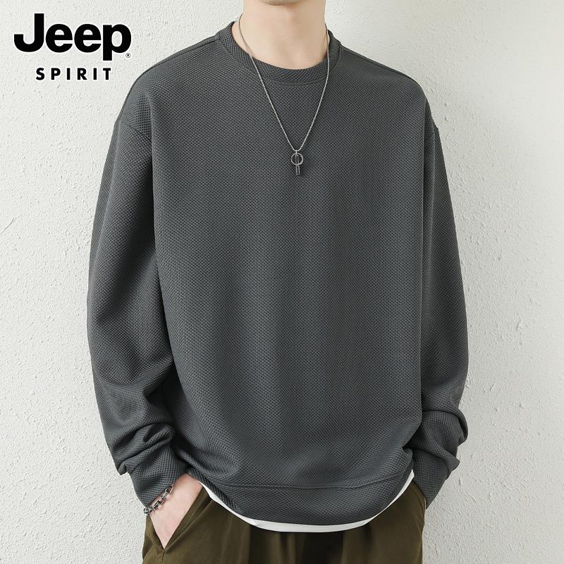 Jeep吉普卫衣男士春季圆领宽松运动上衣服华夫格休闲长袖t恤男装