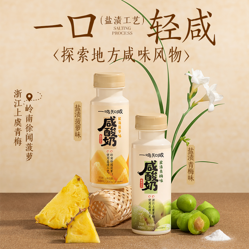 一鸣真鲜奶吧咸酸奶青梅/菠萝风味冰淇淋感大果粒发酵乳200g*10瓶