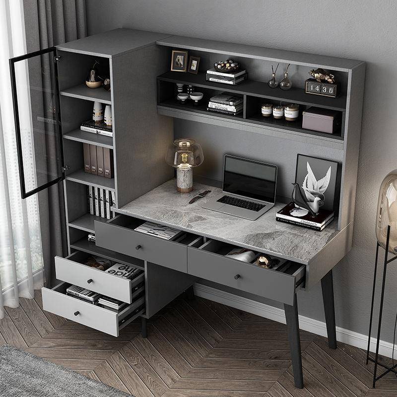 北欧岩板书桌书架一体组合实木生态卧室家用台式电脑桌儿童学习桌