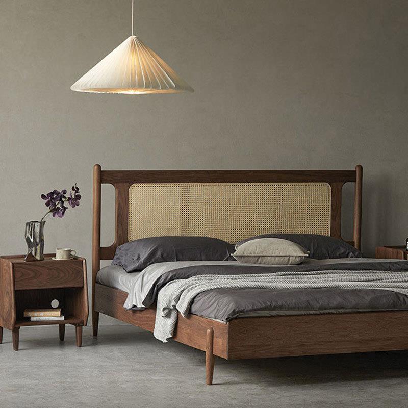 北欧实木大床现代简约胡桃木藤编床1.8米复古主卧新中式双人床