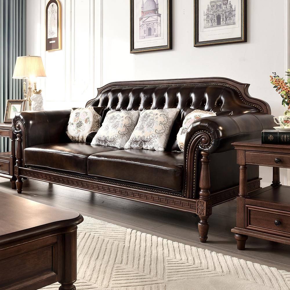 美式乡村实木真皮沙发小户型客厅复古单双三人拉扣沙发茶几组合