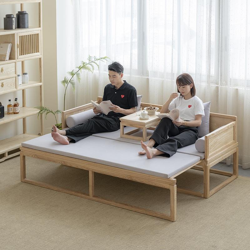 新中式实木推拉床罗汉床白蜡木小户型卧榻现代客厅伸缩贵妃沙发床