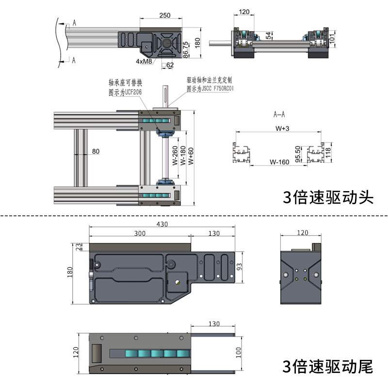 3倍速链驱动座流水线机头机尾座三倍速输送线节距38.1