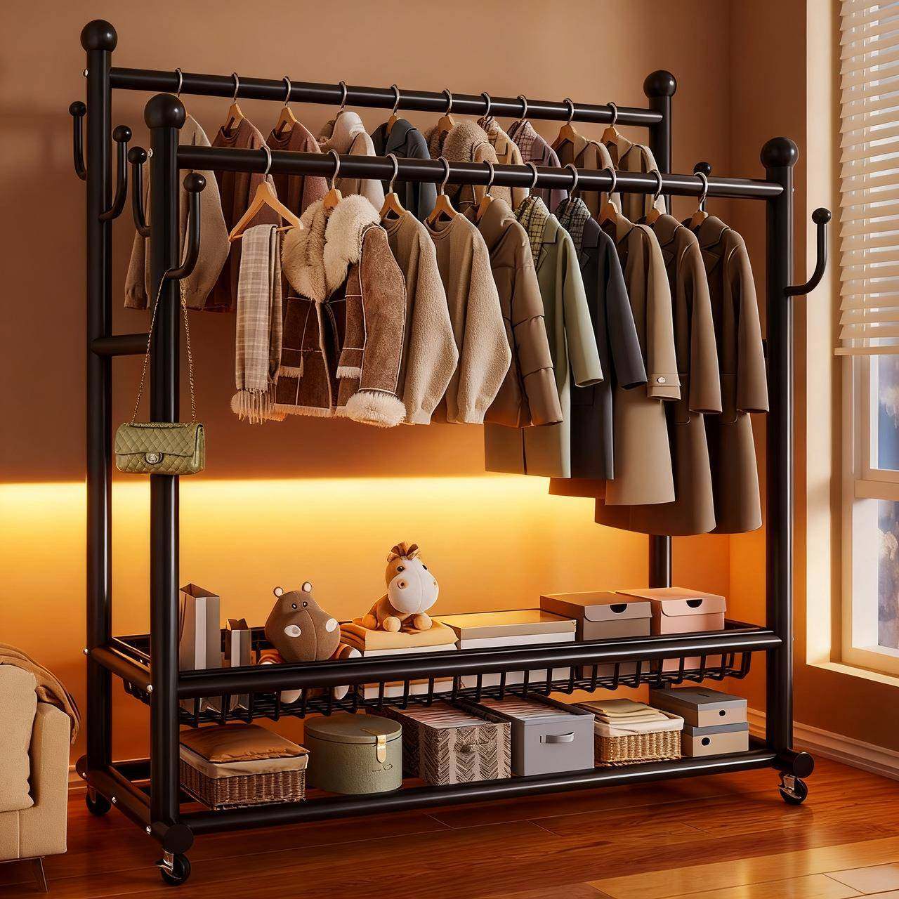 双杆晾衣架家用简易衣帽架落地可移动衣架加厚卧室挂衣架置物架子