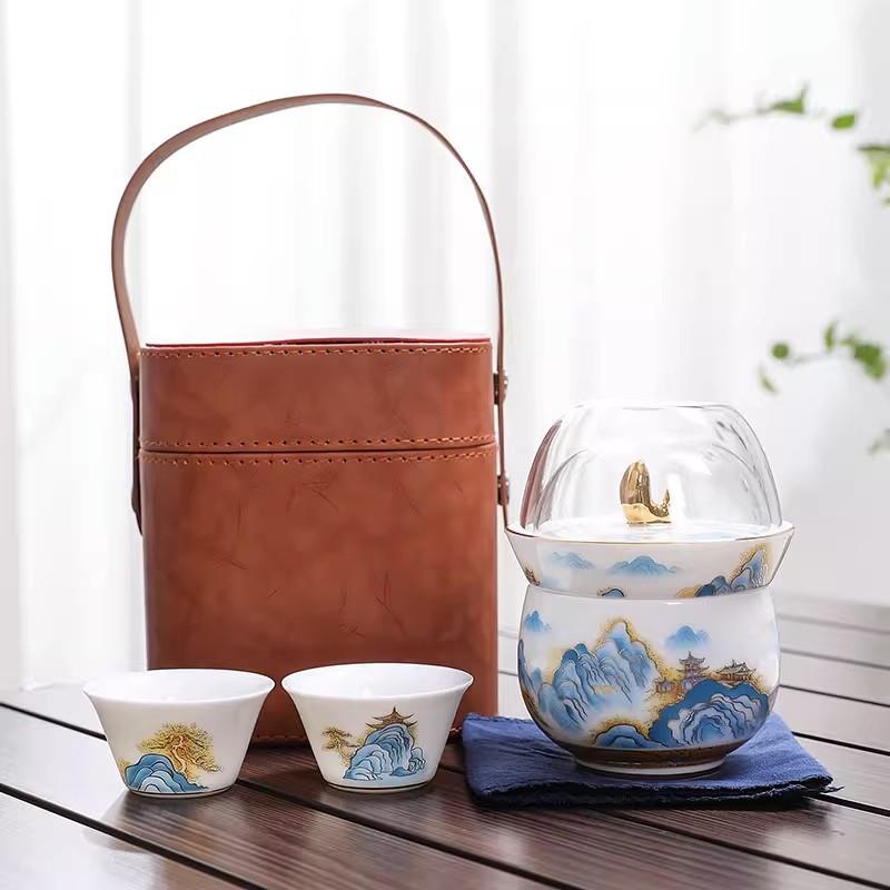 旅行茶具套装江山如画快客杯便携式茶具户外泡茶杯一壶三杯LOGO