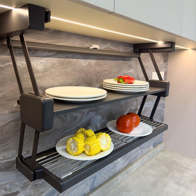 厨房吊柜折叠置物架下拉式双层升降伸缩调料碗碟储物架收纳