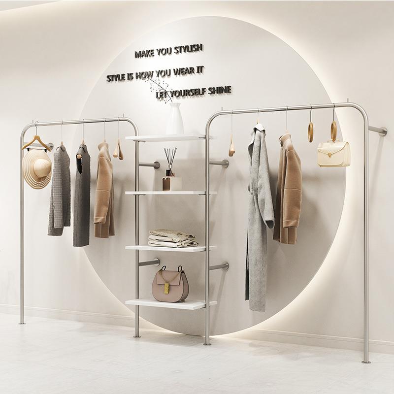 服装店展示架落地式不锈钢中岛带板挂衣杆商场挂衣陈列货架