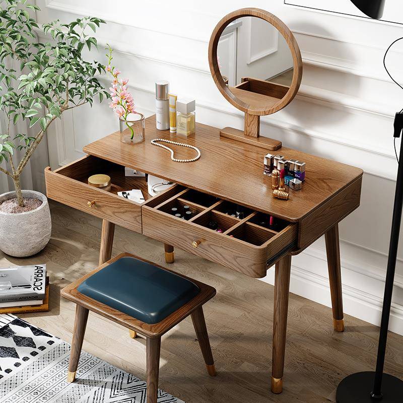 北欧梳妆台卧室现代简约小户型家具白蜡木原木色全实木轻奢化妆桌