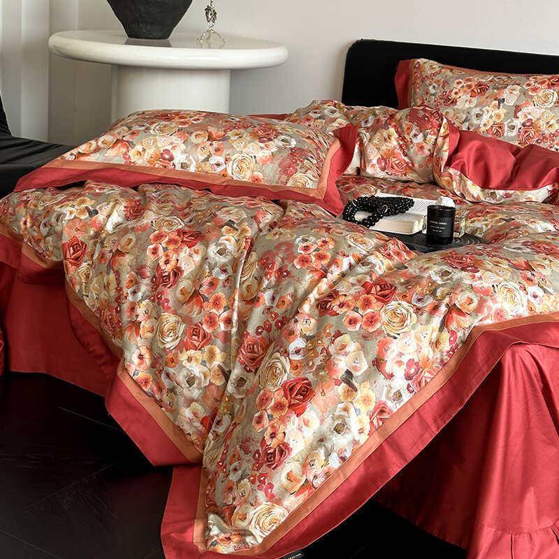 小碎花高端纯棉100S新婚四件套喜被套长绒棉结婚床单喜庆大红床品