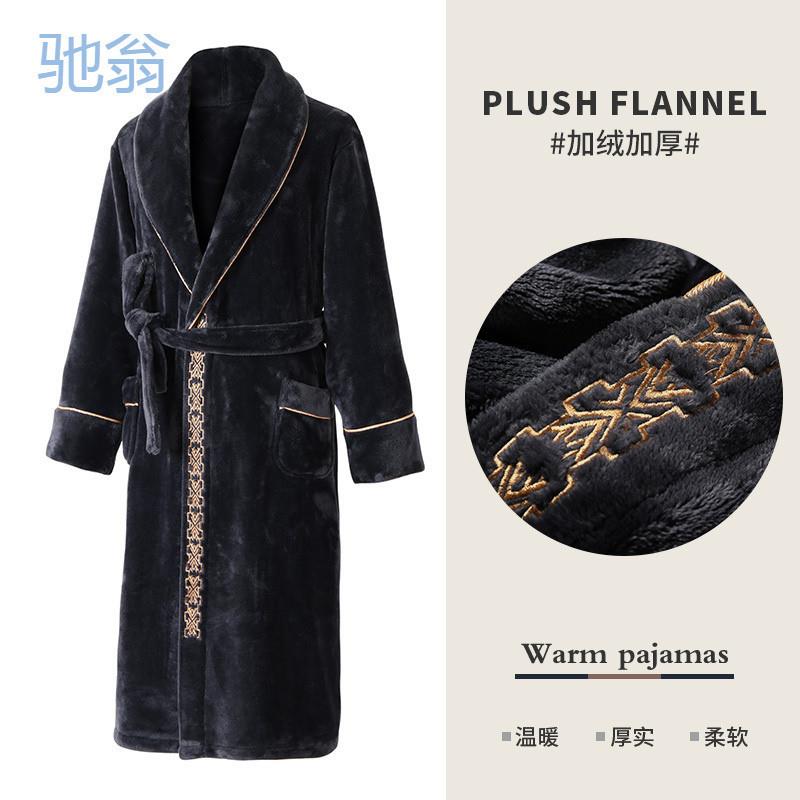 Bnj法兰绒男士睡袍秋冬加绒加厚保暖珊瑚绒浴袍中长款家居服男款