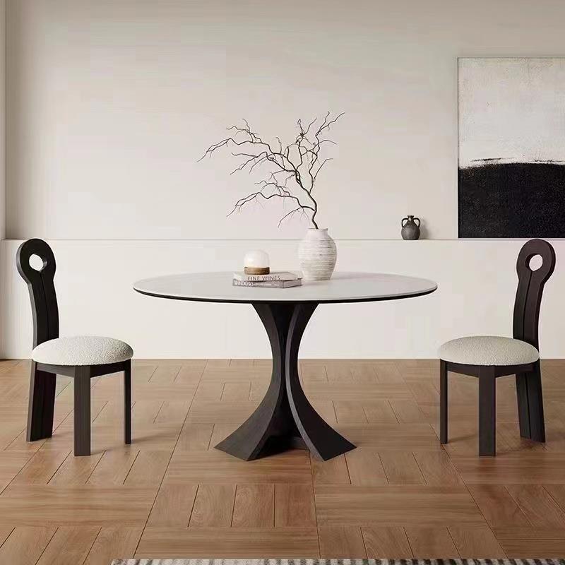 法式实木岩板圆形餐桌椅组合现代简约家用小户型纯白高端复古饭桌