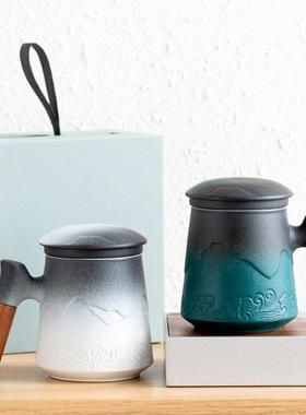 渐变色大容量办公杯茶水分离茶杯男士泡茶杯带盖过滤陶瓷马克杯