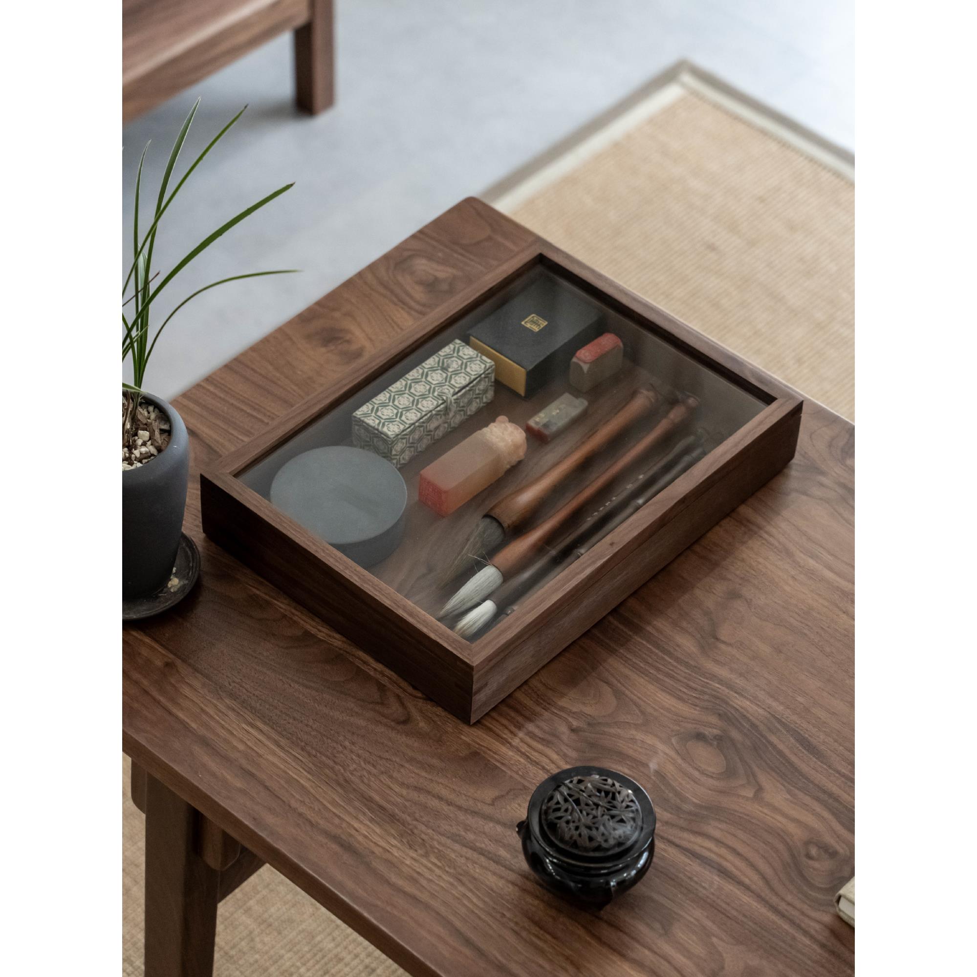 黑胡桃木玻璃陈列盒中式木质首饰收纳盒文玩展示实木玻璃收藏盒