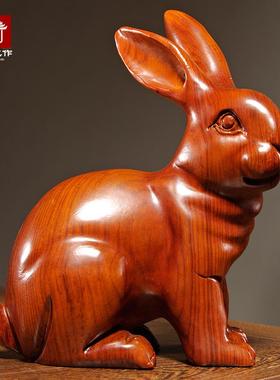 木头小兔子摆件实木质雕十二生肖木制大耳朵兔子吉祥物装饰工艺品