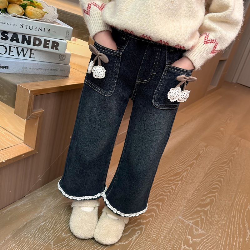 女童春季牛仔裤中小童花边外穿
