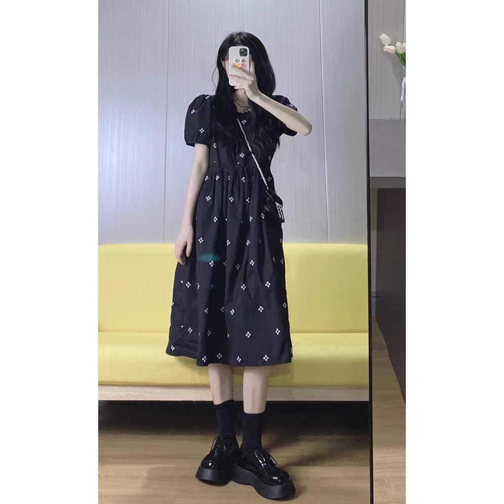 FAshi 学院风泡泡袖黑色碎花洋装女高级感覆古茶歇长裙子夏新款