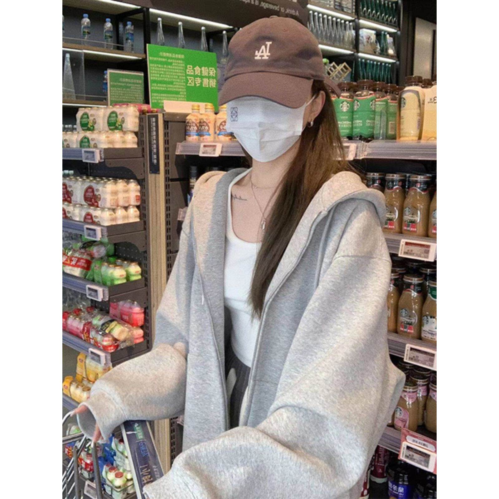 法国Rouje tusse灰色卫衣外套女春秋开衫连帽宽松休闲运动上衣潮