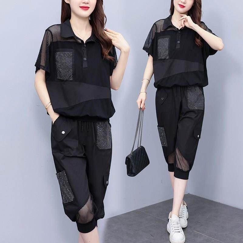潮牌大码休闲时尚运动套装女夏烫钻网纱拼接POLO领短袖裤子两件套