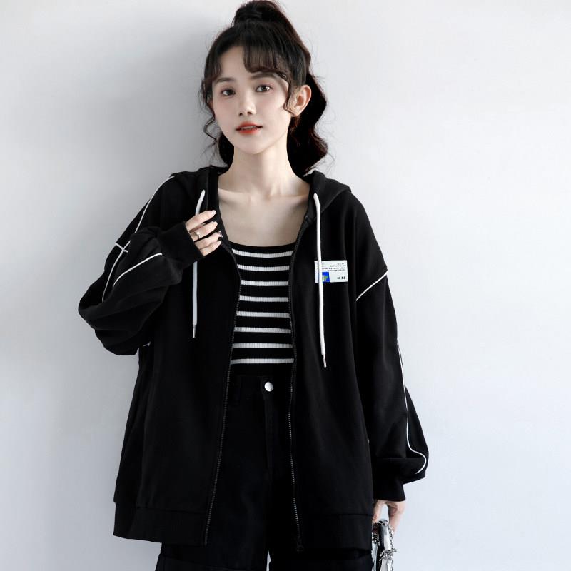 韩国2026春秋新款连帽上衣ins潮宽松黑色厚棉T外套女休闲拉炼开衫
