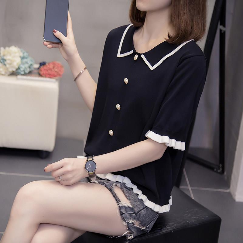 香港2026夏季大码短袖t恤女胖mm宽松遮肉娃娃领冰丝针织减龄上衣