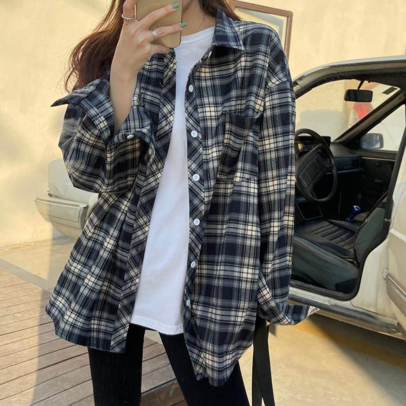 欧洲站蓝色格子衬衫女设计感小众2025年春秋新款宽松大尺码长袖外