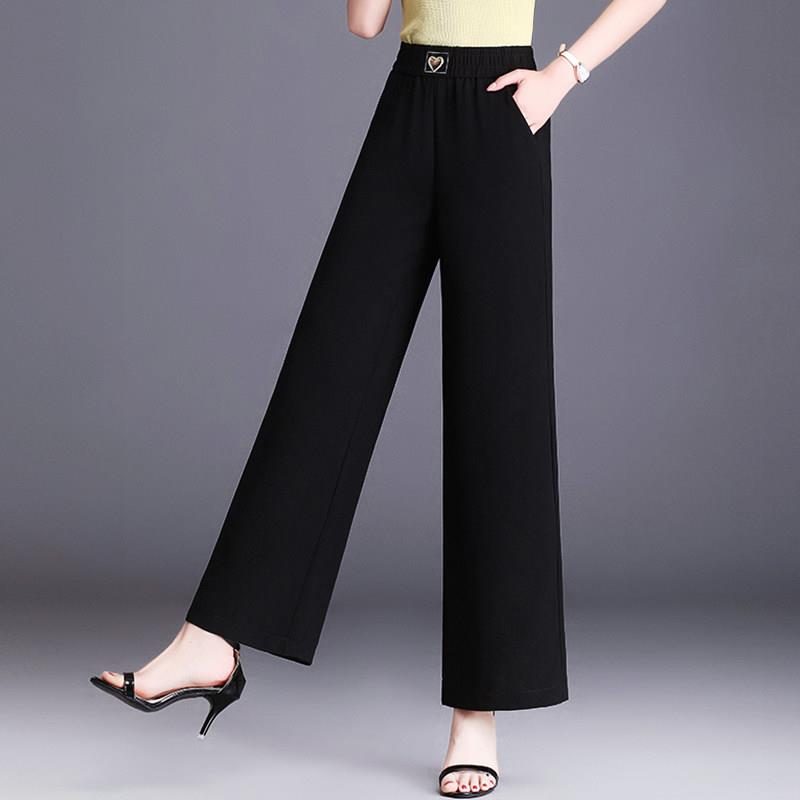 黑色雪纺阔腿裤女夏季薄款中年妈妈直筒裤高腰垂感大尺码宽松九分