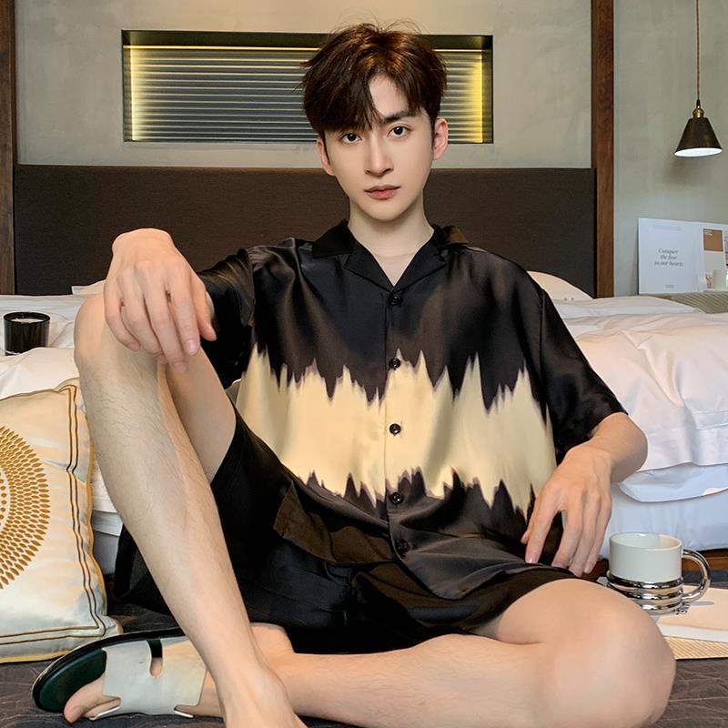桑蚕丝睡衣男短袖短裤套装夏季薄款冰丝青少年可外穿真丝绸家居服