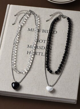 黑白爱心双层叠戴项链女轻奢小众设计高级感心形串珠锁骨链套链