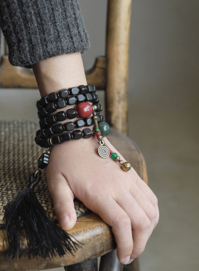 方形黑檀木珠子民族m风手串男 个性饰品文艺创意复古多圈把玩手链