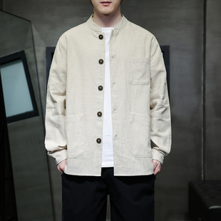 新中式男装中国风唐装男款春秋亚麻外套大码宽松棉麻上衣立领夹克