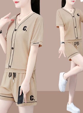 运动套装女夏季h薄2023新款时尚洋气冰丝袖短短裤夏天休闲服两件