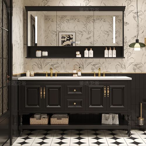 美式浴室柜组合陶瓷一体盆落地式岩板洗手洗脸盆卫生间洗漱台橡木