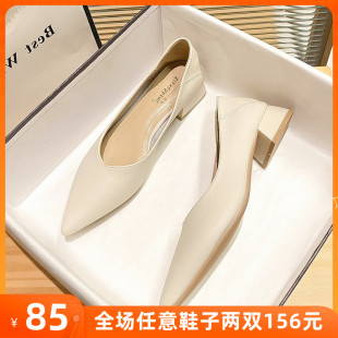 女鞋 尖头包鞋 41一 中跟大尺码 气质真皮奶奶鞋 女粗跟2023年秋季 新款