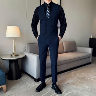 两件套修身 双排扣单马甲西裤 西装 马夹裤 宴会礼服 春秋季 子套装 男式