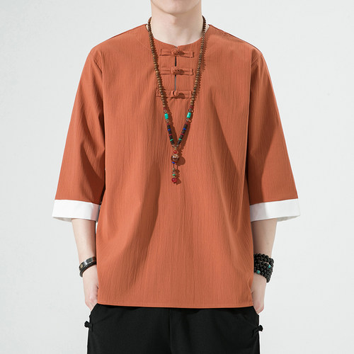 中式复古休闲唐装夏季T恤中国风男装宽松大尺码七分袖短袖男圆领T