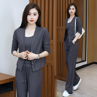 初秋时尚休闲套装女装2025新款洋气减龄开衫外套背心阔腿裤三件套