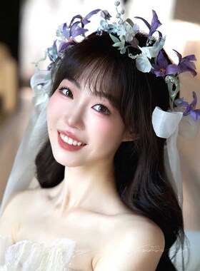 花环头饰儿童森系女新娘长飘带发箍仙美超仙M婚纱配饰海边摄影拍
