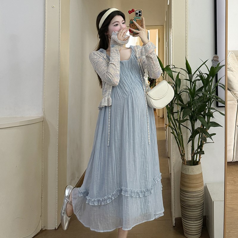 孕妇装202g4春款新款连衣裙套装时尚洋气时髦针织开衫雪纺吊带裙