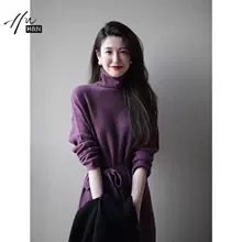 紫罗兰羊毛连衣裙2023秋冬新款 气质温柔风宽松针织高领打底裙 法式