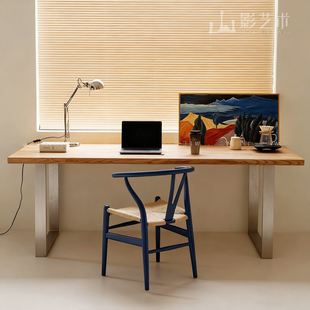 原木风实木书桌靠墙双人电竞桌电脑桌学生家用写字桌白蜡木大板桌