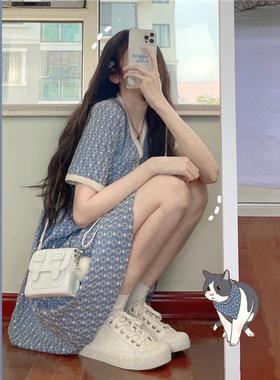 术生软奶蓝色连衣裙女夏0WOU22新款V领收腰泡泡2季袖法式初艺恋裙