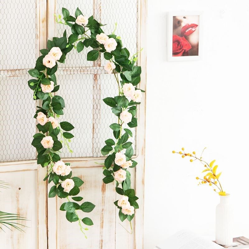 21头玫c瑰花藤空调管道装饰亚麻逊假花藤条塑料挂藤蔓绢花条遮挡