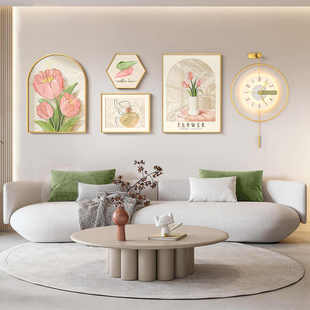 奶油风客厅装 饰画现代简约墙面挂画餐厅壁画沙发背景墙画挂钟组合