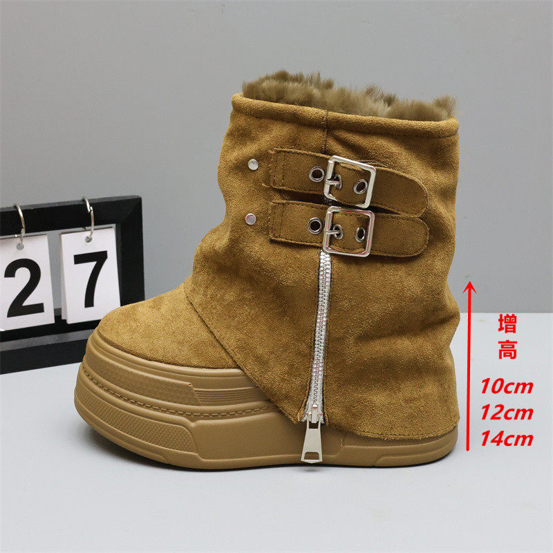 皮带扣马丁靴女冬季加绒加厚雪地棉鞋12cm内增高短靴小个子裤管靴